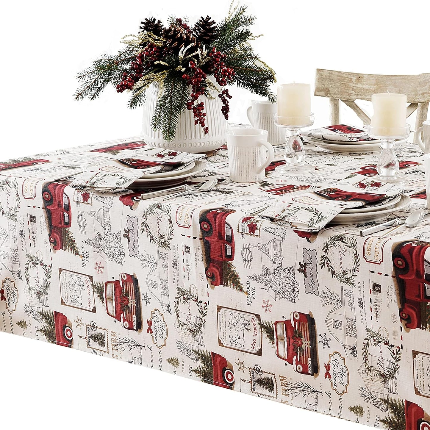 Pine Hill Christmas Tree Farm Fabric Holiday Tablecloth - Nostalgic Retro Christmas Farm Truck Print No Iron and Stain Resistant Fabric Tablecloth, 52” X 70” Oblong/Rectangle