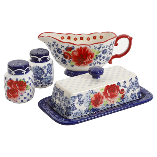 Frontier Rose Butter Dish W/Lid, Gravy Boat and Salt & Pepper Set, 5 Piece Set