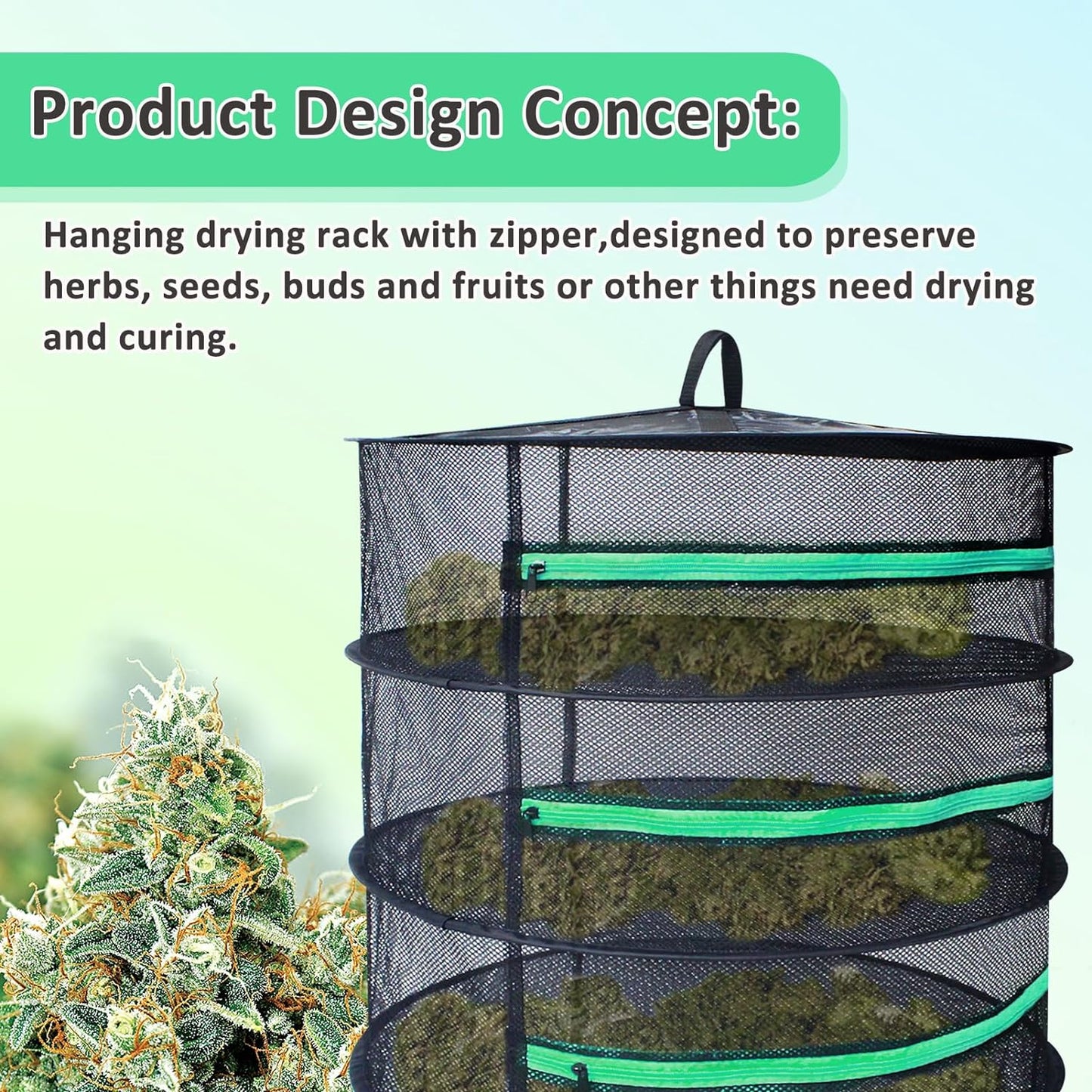 2Ft Diameter 6 Layer Herb Drying Rack Plant Hanging Mesh Dry Net W/Green Zipper